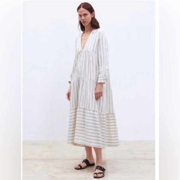 Zara Dresses & Skirts - ZARA Striped White & Brown Tiered V Neck Midi Dress Linen Blend Size Medium